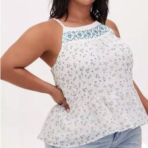Torrid Ditsy Floral Crinkled Chiffon Relaxed Cami Size 1 1X White Blue Boho Top